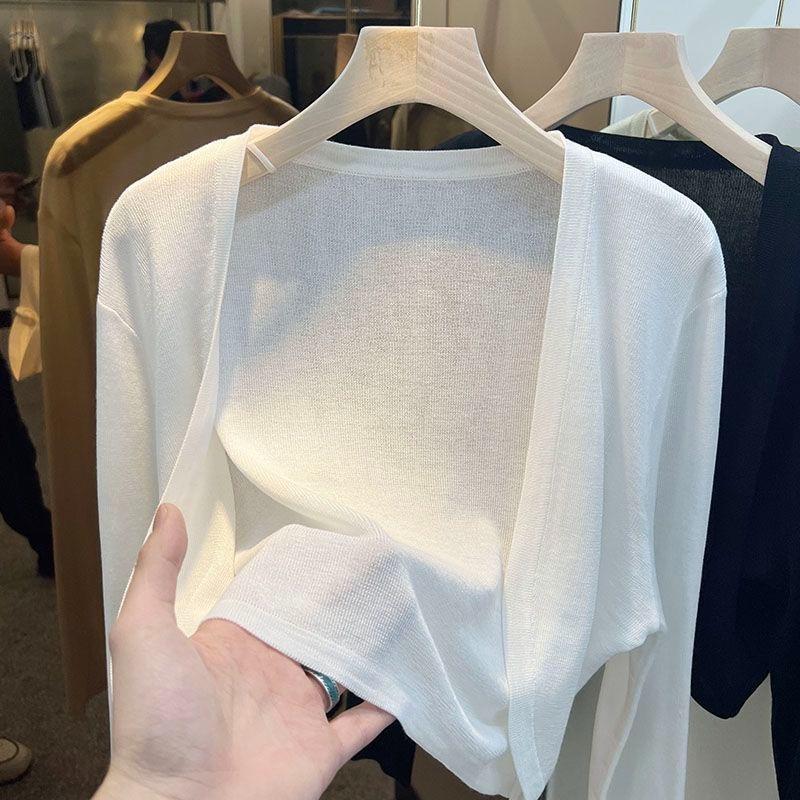 Летний тонкий шелковый вязаный кардиган для женщин, осенний длинный рукав, солнцезащитный кардиган, женская однотонная повседневная шаль, женский трикотаж, топы 24610