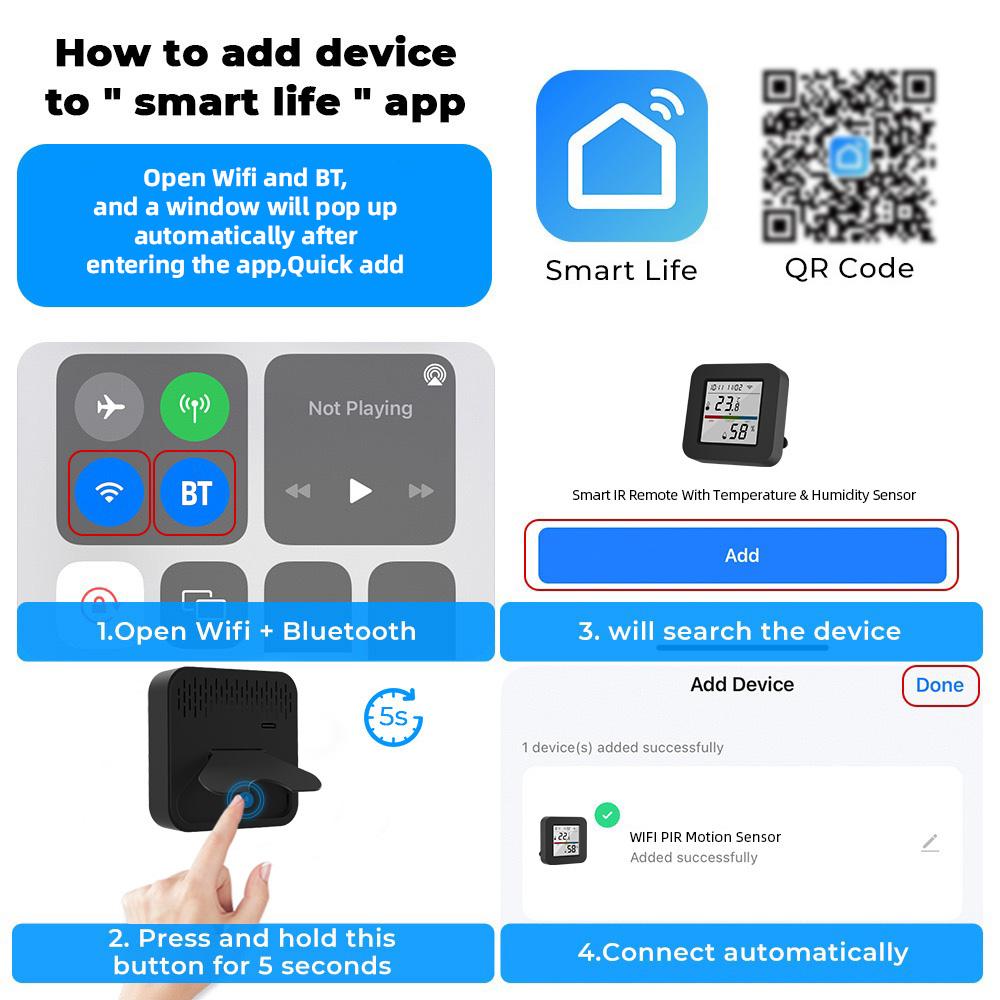 3 In 1 IR Remote Control with Smart Temperature Humidity Monitor LCD Screen WiFi BT Dual Mode