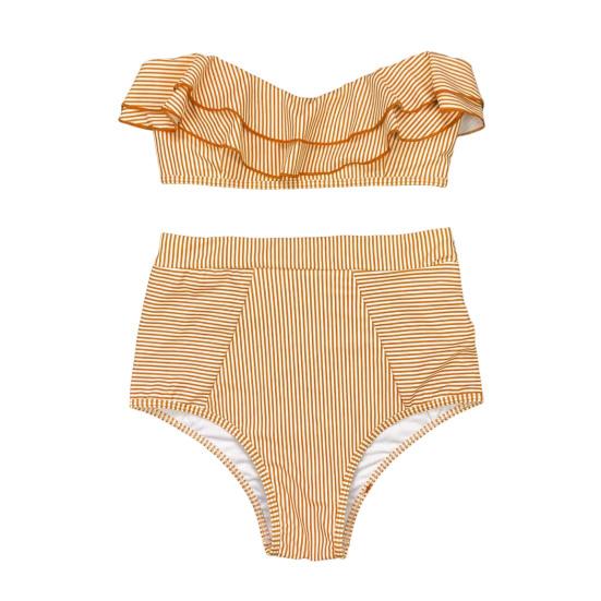2 Pcs/Set Beach Bikini Set Ruffle Striped Patchwork Tankini High Waist Split Beachwear Elastic Quick-drying Bathing Suit