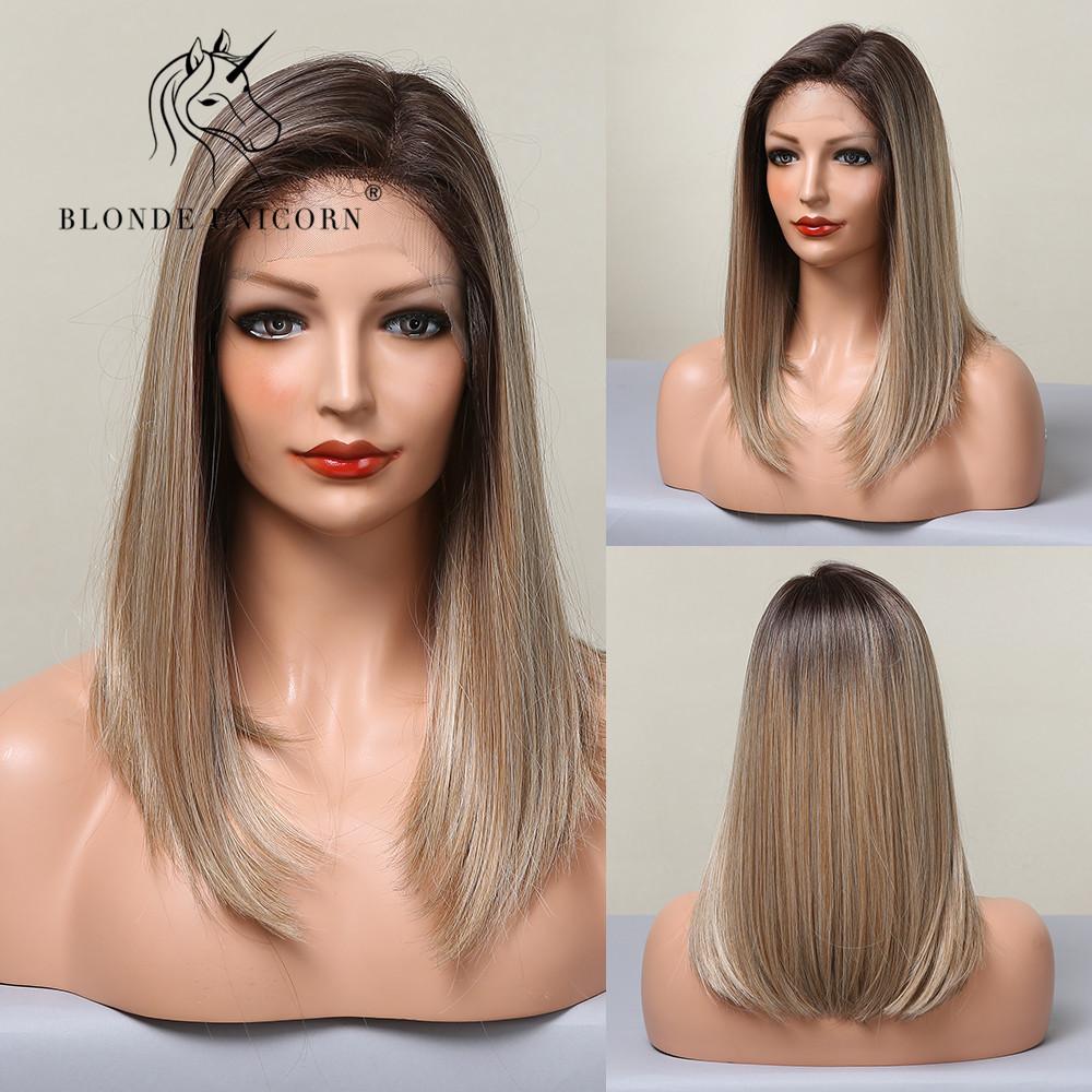 BLONDE UNICORN Короткие парики на шнуровке, платиновые блондинки, синтетические парики для женщин, повседневные косплей, парики с темными корнями, омбре