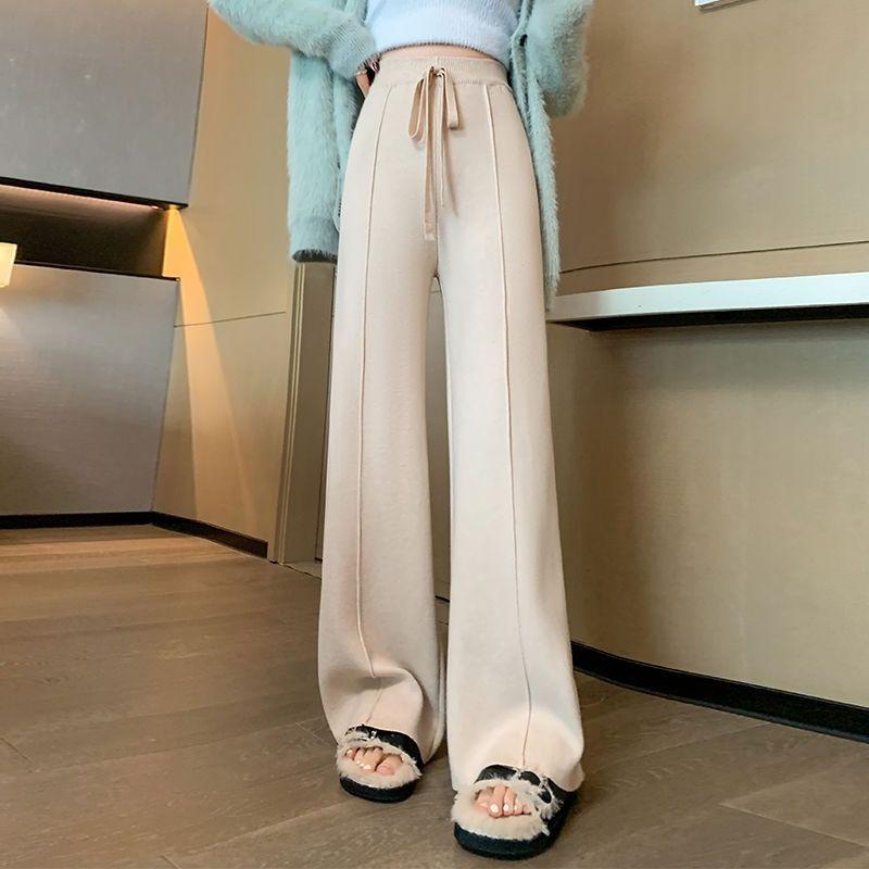 Вязаные широкие брюки для женщин на осень и зиму, новые драпированные длинные брюки с высокой талией, вязаные