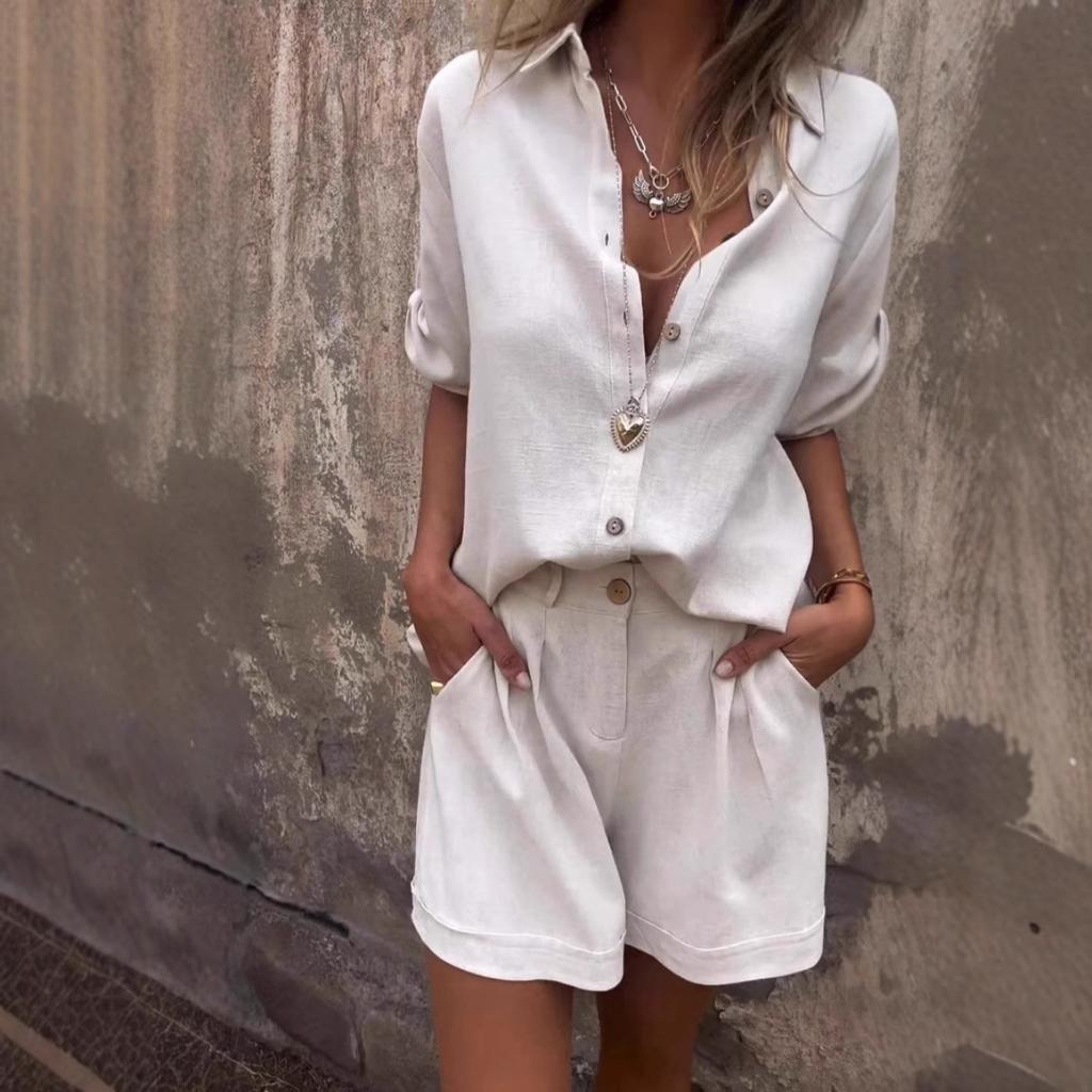 Льняной костюм-двойка, Свободная рубашка, Шорты с высокой посадкой, Хлопково-льняные шорты с коротким рукавом, Повседневный, Женский, Костюм