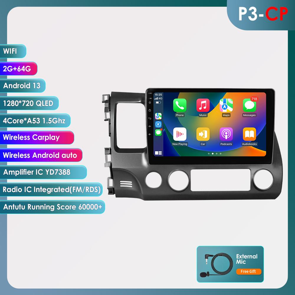 OSSURET Android 14 Для Honda Civic 2006-2011 Автомагнитола мультимедиа Видеоплеер 4G беспроводной Carplay GPS-навигация Головное устройство с 360 камерой