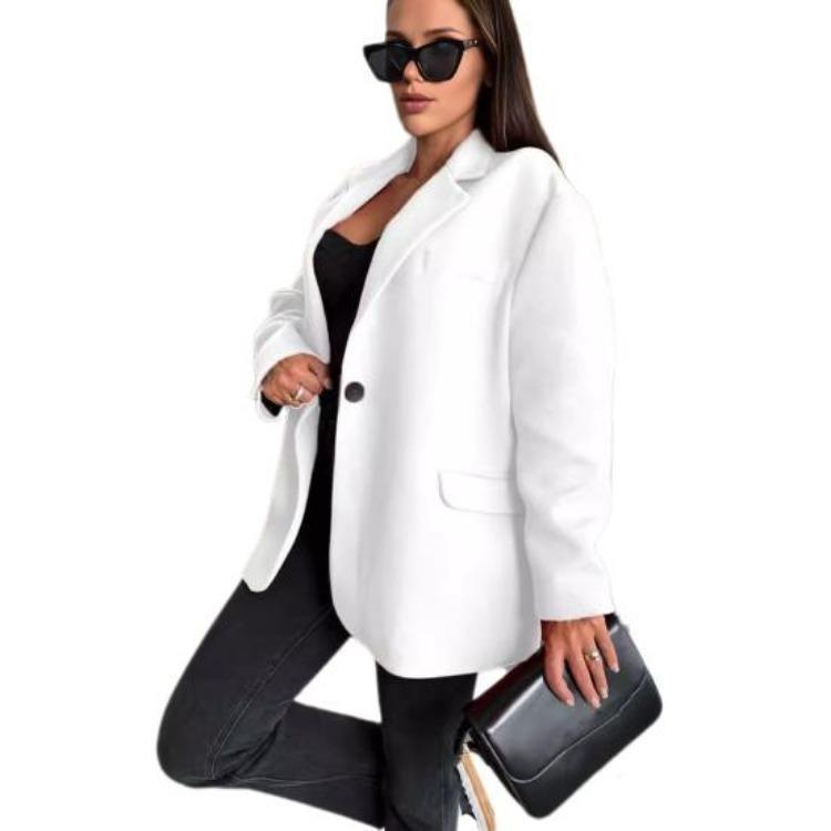 Women Winter Woolen Coat Oversized Thick Casual Long Sleeves Solid Color Top Autumn Loose Single Breasted Lapel Collar Jacket