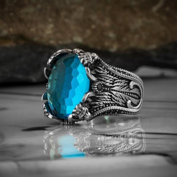 Кольцо из стерлингового серебра 925 карат с голубым топазом, красным цирконом, турецким драгоценным камнем оникс, ювелирные изделия ручной работы для мужчин