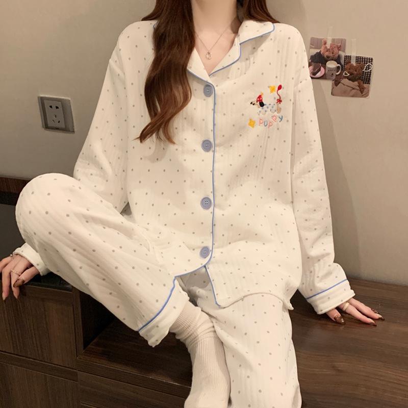 Air cotton pajamas women's autumn and winter interlayer warm long-sleeved suit cartoon embroidered loungewear real shot