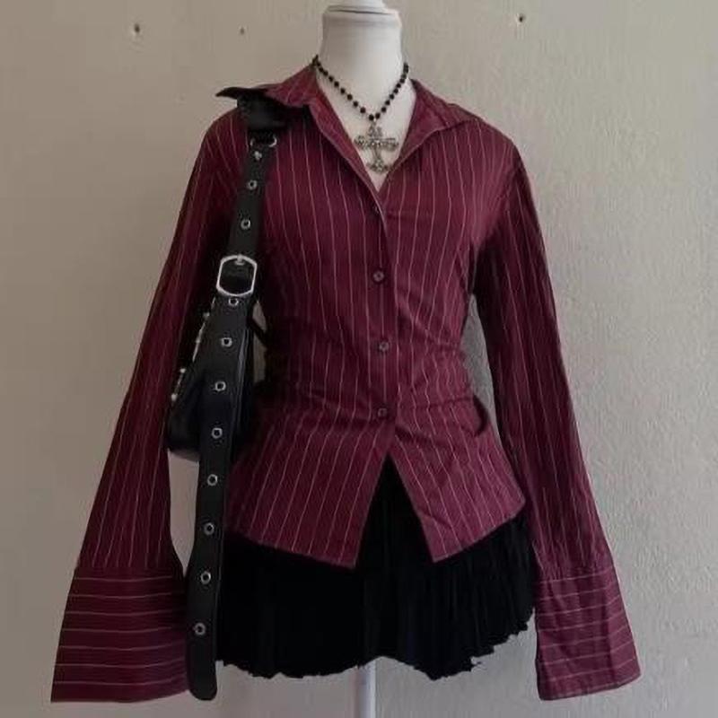 Готическая Панк Гранж Y2K Женская Блузка Приталенная Шикарная Повседневная Рубашка с Лацканами в Полоску с Длинным Рукавом Винтажная Эстетика Горячая Уличная Одежда
