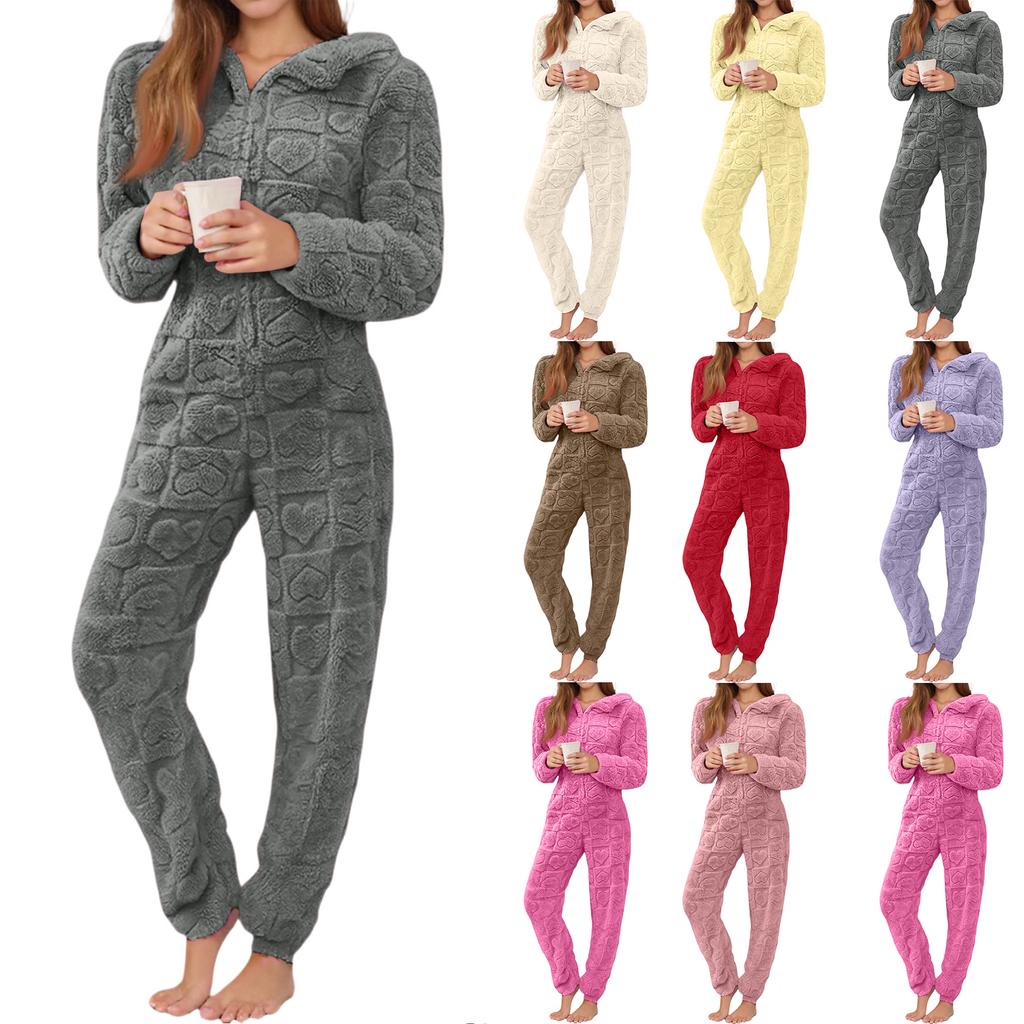 Женская мода однотонная домашняя одежда плюшевый комбинезон с длинными рукавами и капюшоном пижама для отдыха