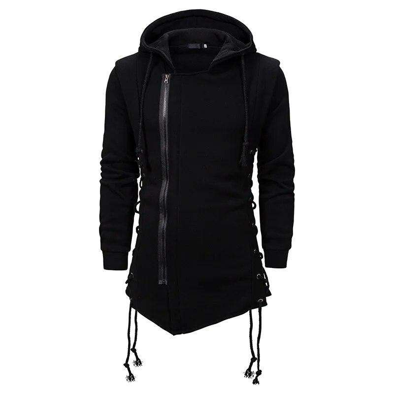 Men's Black Streetwear Zipper Hoodies Sweatshirts Hip Hop Casual Hooded Coat With Side Lashing Crossed Hoody Tracksuits