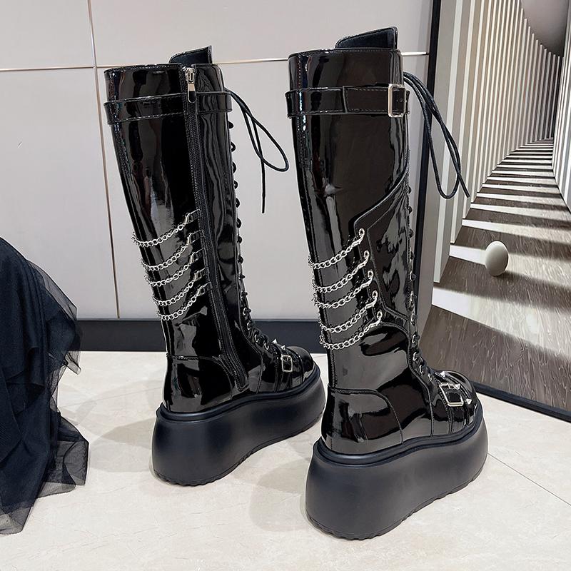 Модные женские ботинки на платформе в стиле хэви-метал, новые, в стиле дарк-панк, с увеличенной высотой, с цепочками и заклепками, на шнуровке, высокие ботинки, женские, на молнии, ботинки рокерские, байкерские
