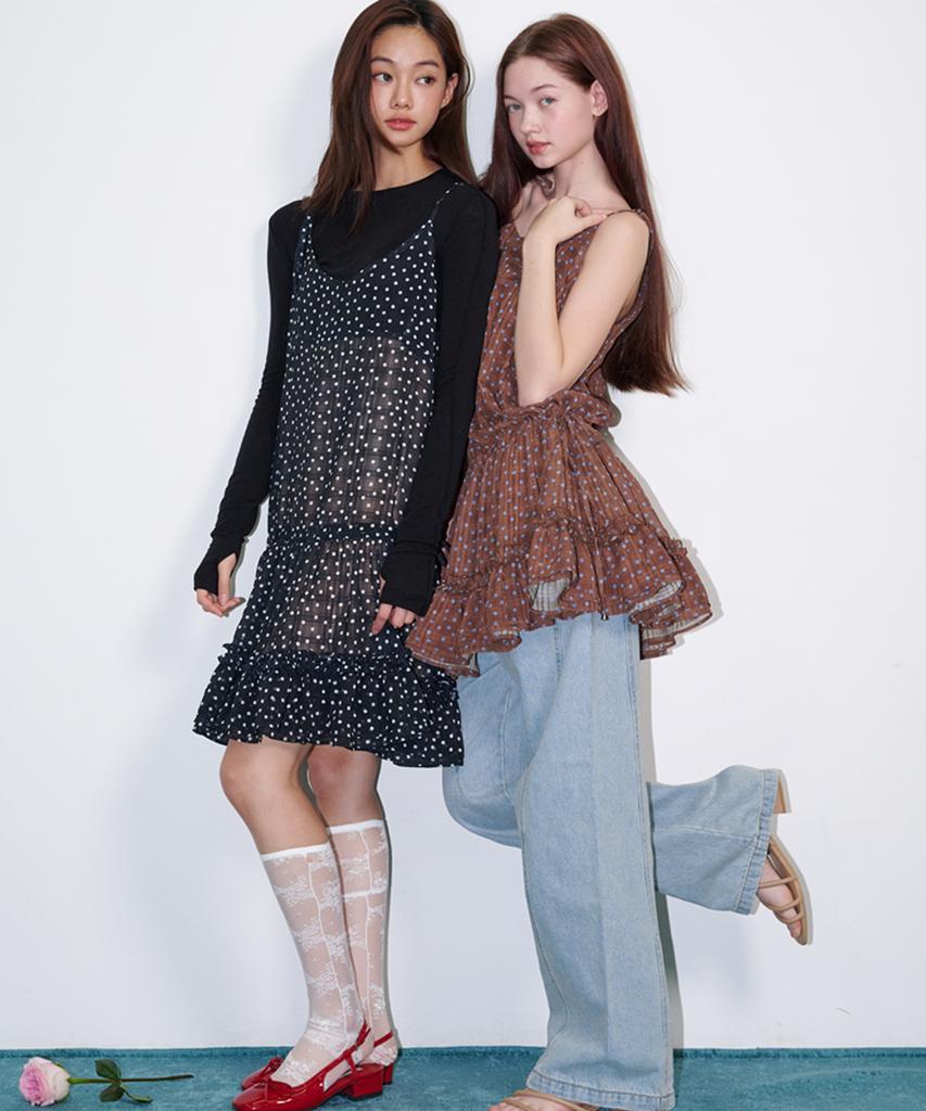 Opening Sunshine Frill Shirred Dot Mini Dress Black
