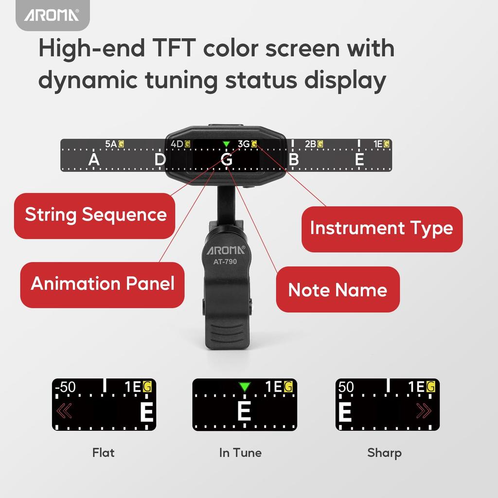 Aroma Поддерживает TFT Легко Читаемый Даже при Сильном Вращении Совместим с и Укулеле Клипсовый Тюнер, Перезаряжаемый, Высокоскоростная Настройка, Высокопроизводительный