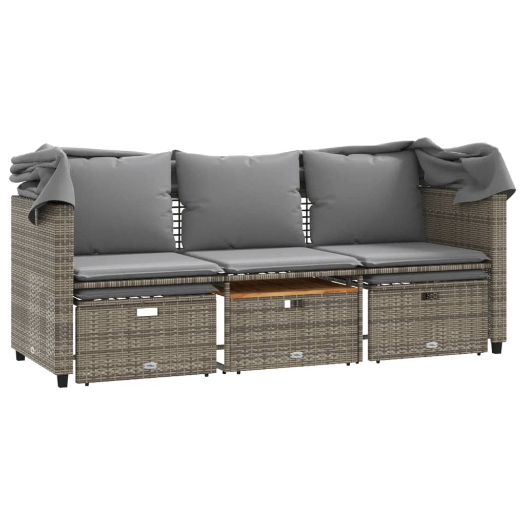 Outdoor 3 Seater Sofa with Canopy and Footstools Grey Poly Rattan