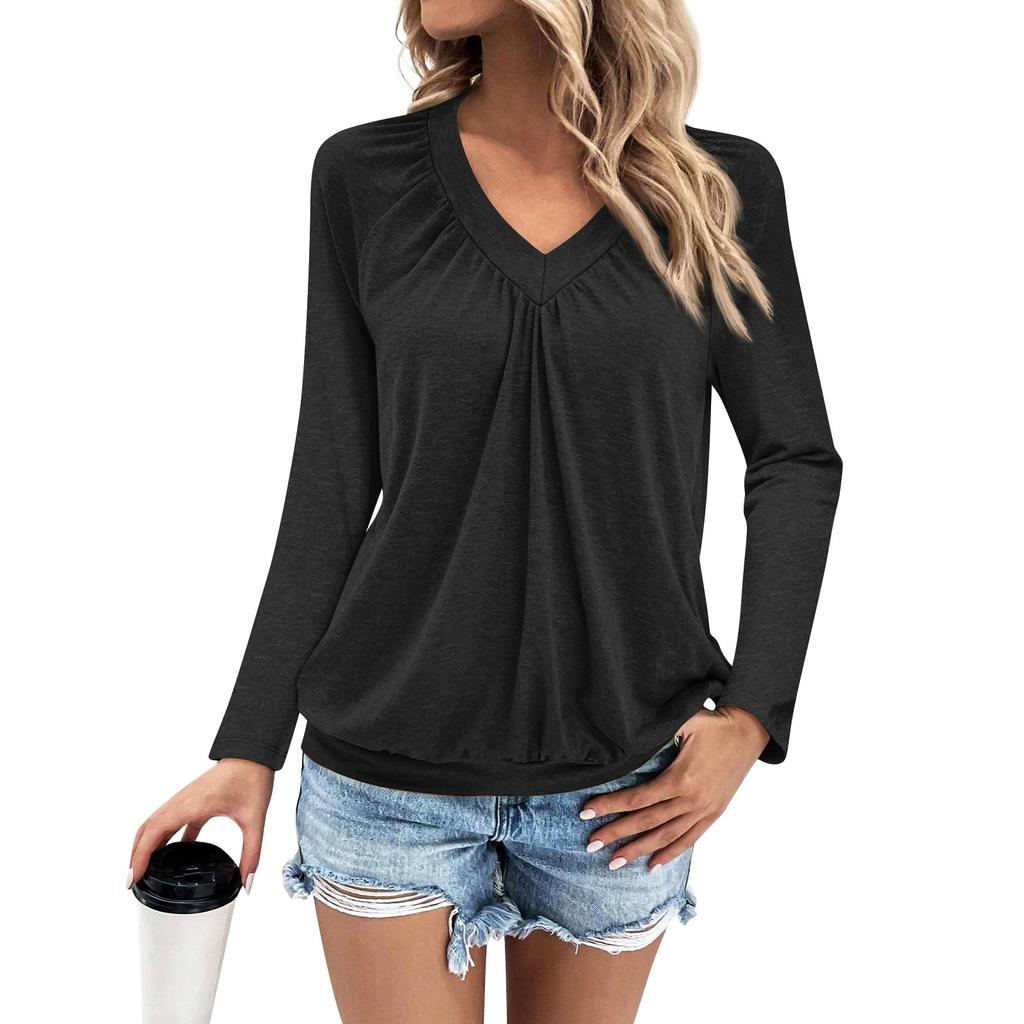 Женская мода V-образный вырез с открытыми плечами плиссированная повседневная с длинным рукавом