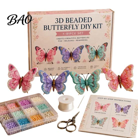 Beaded Animal Figurines 3D Butterfly Craft Kit, Tiny DIY Handmade Art Set Kit with Instruction, Cute 4-Pack Butterflies Beadwork for Beginners,