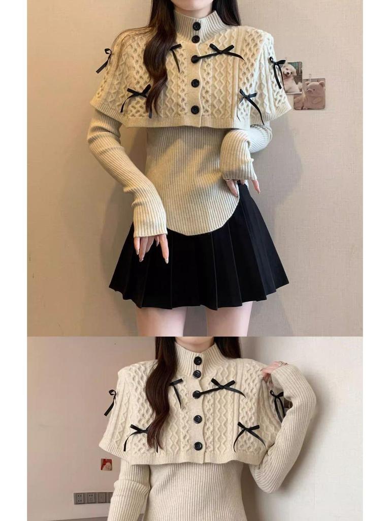 Женский рождественский красный вязаный свитер: Полувысокий воротник, накидка-шаль с длинным рукавом на осень 2025 года