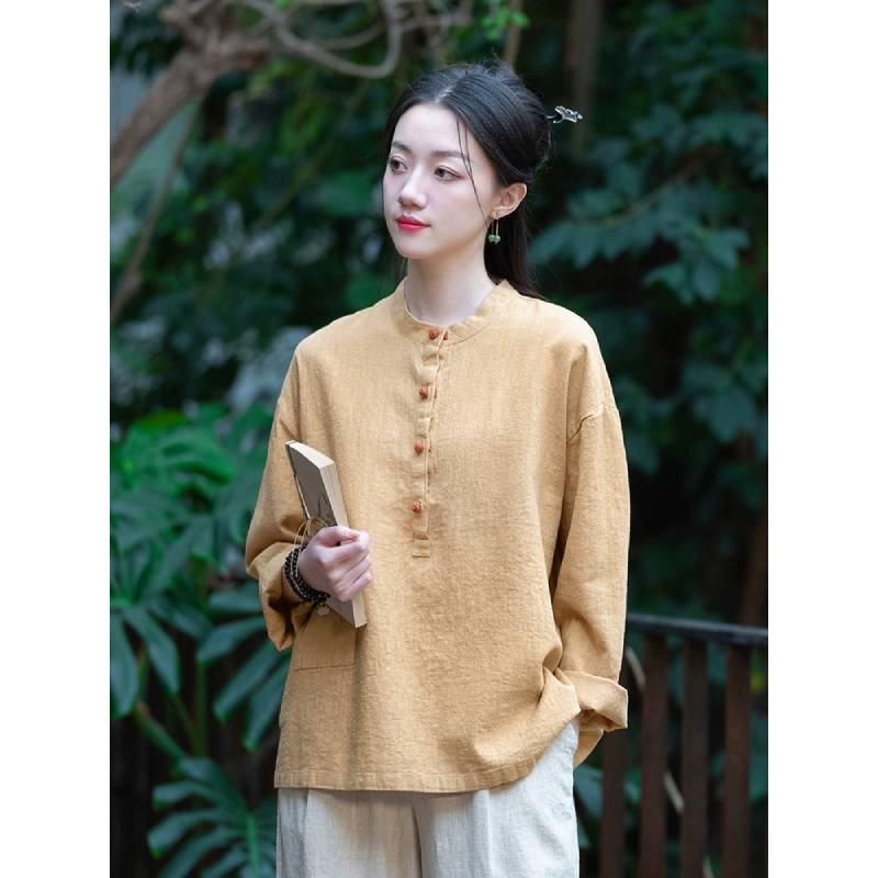 Spring Linen Cotton Womens Shirt With Colorblock Buttons For Vintage Style Casual Wear
