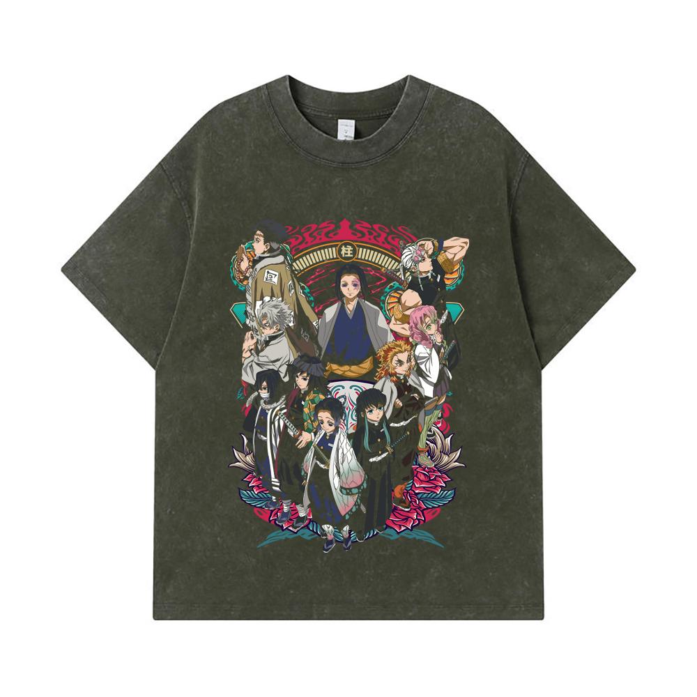 275 GSM Washed T-shirts 100% Cotton Demon Slayer V62 Hashiras Print Unisex Heavy Cotton T Shirt