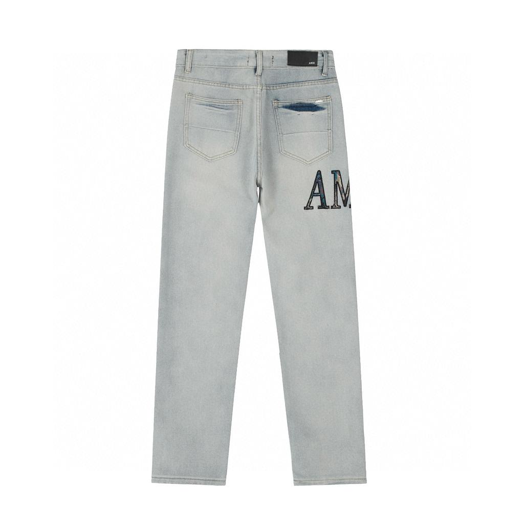 M48 Amiri Men's and Women's American Style Trendy Jeans with Fabric Patches, Holes, Embroidery, Casual and Fashionable High Street Pants