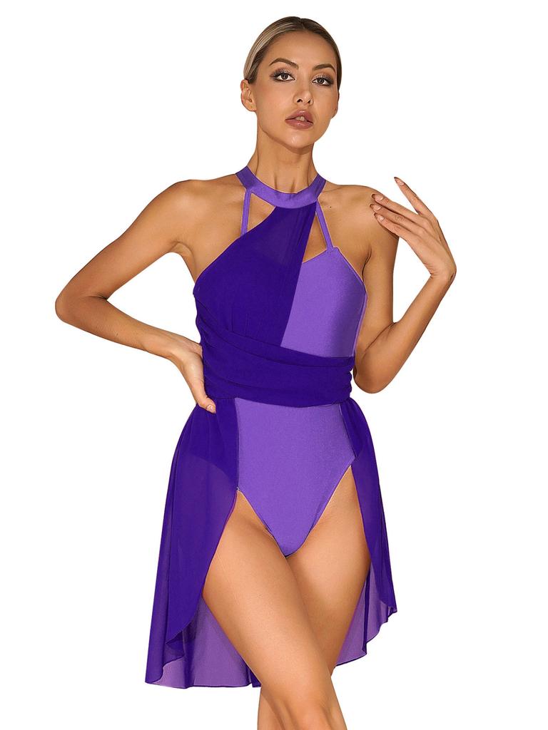 Женский шифоновый танцевальный костюм для гимнастики, лирическое танцевальное платье, современный костюм, шифоновая танцевальная одежда с лямкой на шее