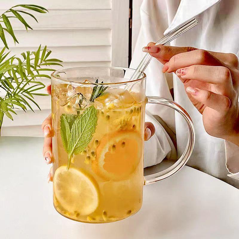 Большой стакан из стекла объемом 1000 мл с ручкой и крышкой, со шкалой, стакан для воды, стеклянная бутылка для сока, молока, домашняя офисная посуда для напитков