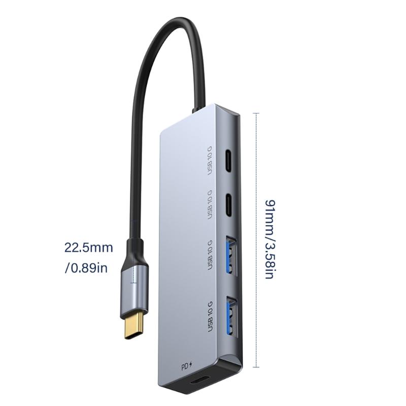 USB-C разветвитель 2x USB-C, 2x USB-A порта, скорость передачи 10 Гбит/с, зарядка PD100 Вт, алюминиевый хаб для устройств