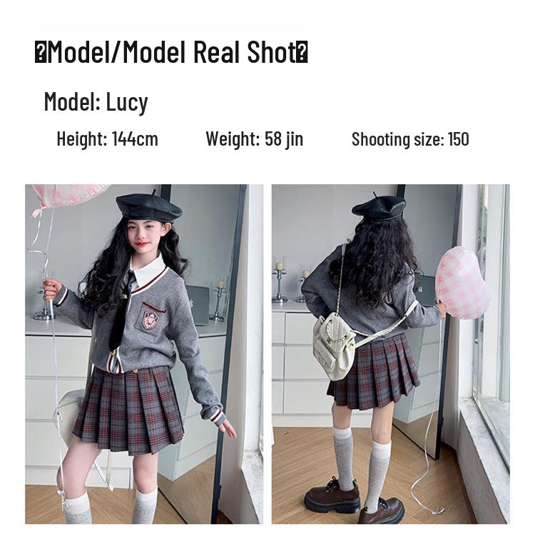 Комплект для девочек в стиле преппи 2025 года: вязаный кардиган, рубашка и плиссированная юбка для весны/осени