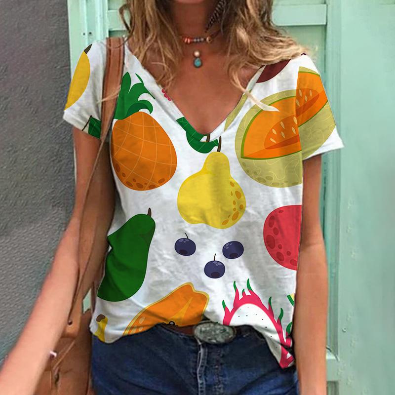 Лето 2023, футболка с 3D растительным принтом и фруктами, женская футболка с v-образным вырезом, топ Kawaii, уличный женский свободный модный универсальный топ в стиле Харадзюку, 2023 г.
