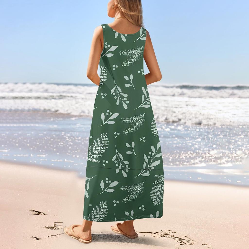 Женский повседневный сарафан длиной до пола, летнее пляжное платье, круглый вырез, без рукавов, свободный сарафан с принтом