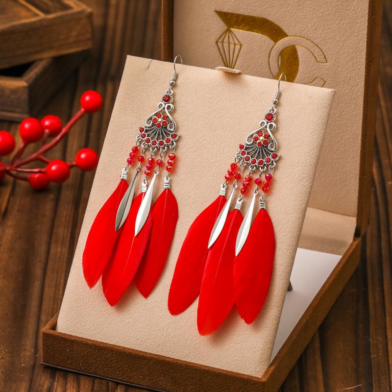 Vintage Ethnic Bohemian Crystal Beads Handmade Feather Tassel Women Earrings Long Drop Dangle Boho Jewelry Pendientes Mujer