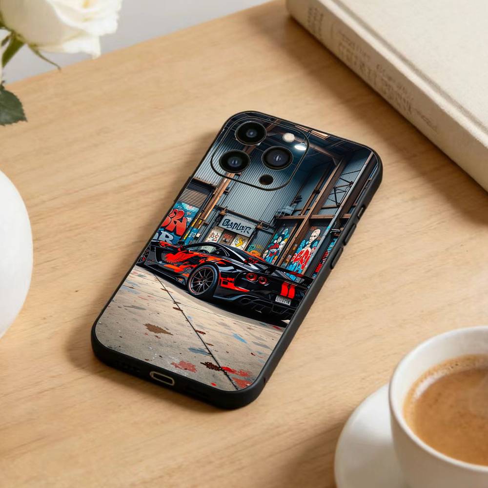 Крутой чехол для телефона с автомобильным дизайном для iPhone17,16,15,14,13,12 Plus,Max Мягкий силиконовый черный чехол