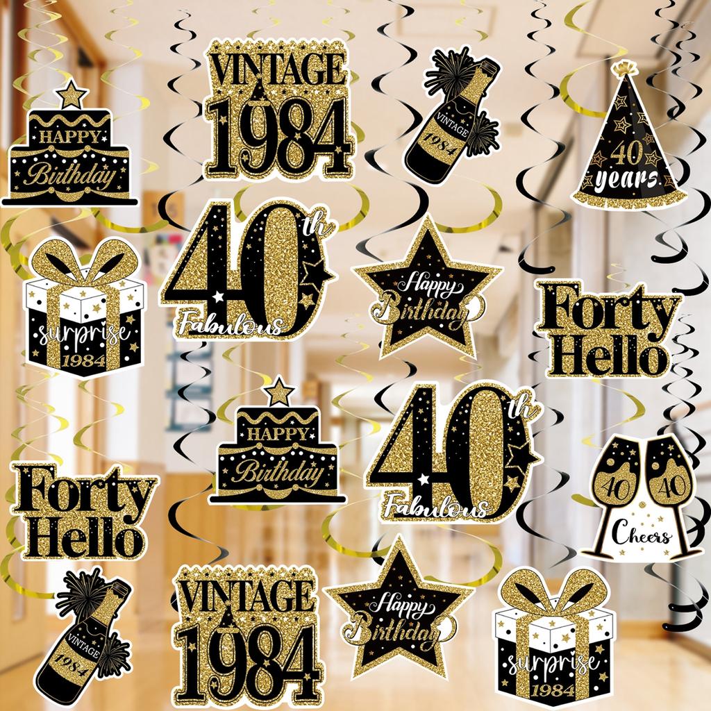 Happy Birthday Foil Swirls 30 40 50th Birthday Party Supplies Black Gold Men Women Hanging Ornaments Ceiling Decor Party Favors