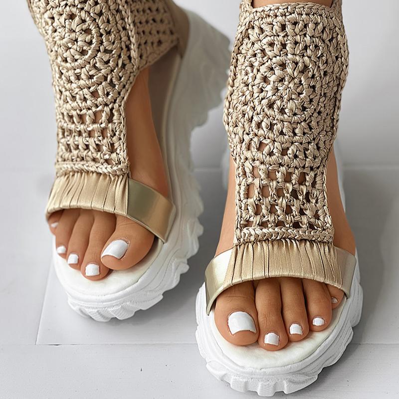 Sandals Women Braided Geometric Wedge Sandals Knitted Elastic Summer Shoes Mesh Flat Sandals Hollow Female Platform Shoes Gold