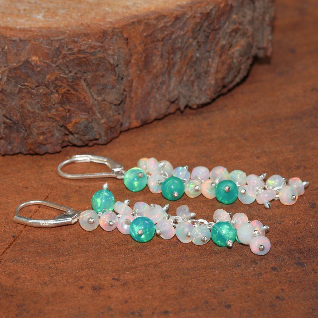 Opal Bead Cluster Earrings: Ethiopian Opal, Sterling Silver or Gold Filled