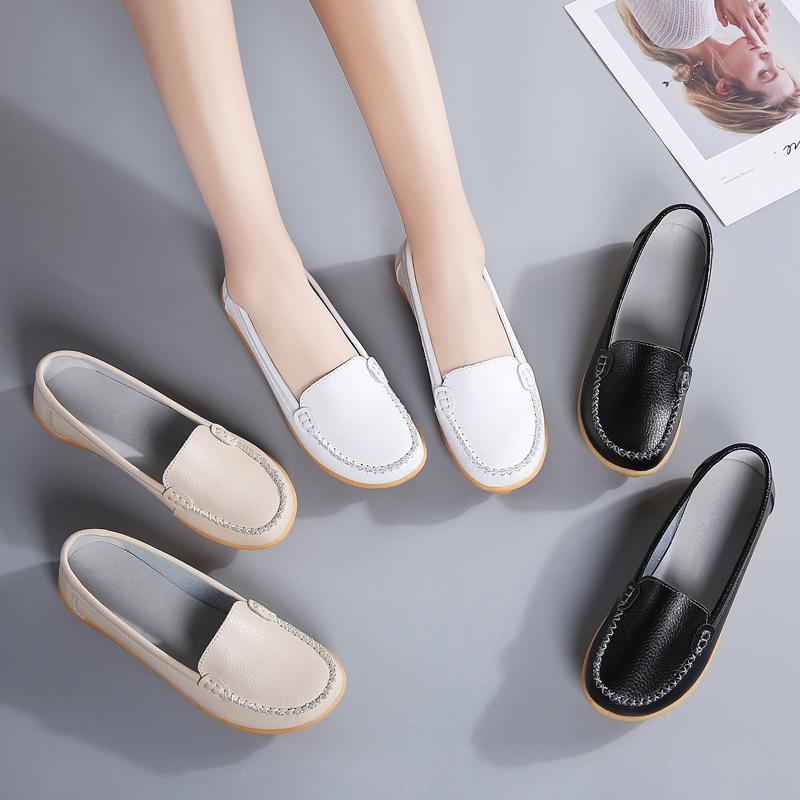 Shoes for Women Spring Large Size Genuine Leather Women's Shoes Round Toe Flat Casual Shoes for Women Non-slip Pregnant Women Bean Shoes for Women