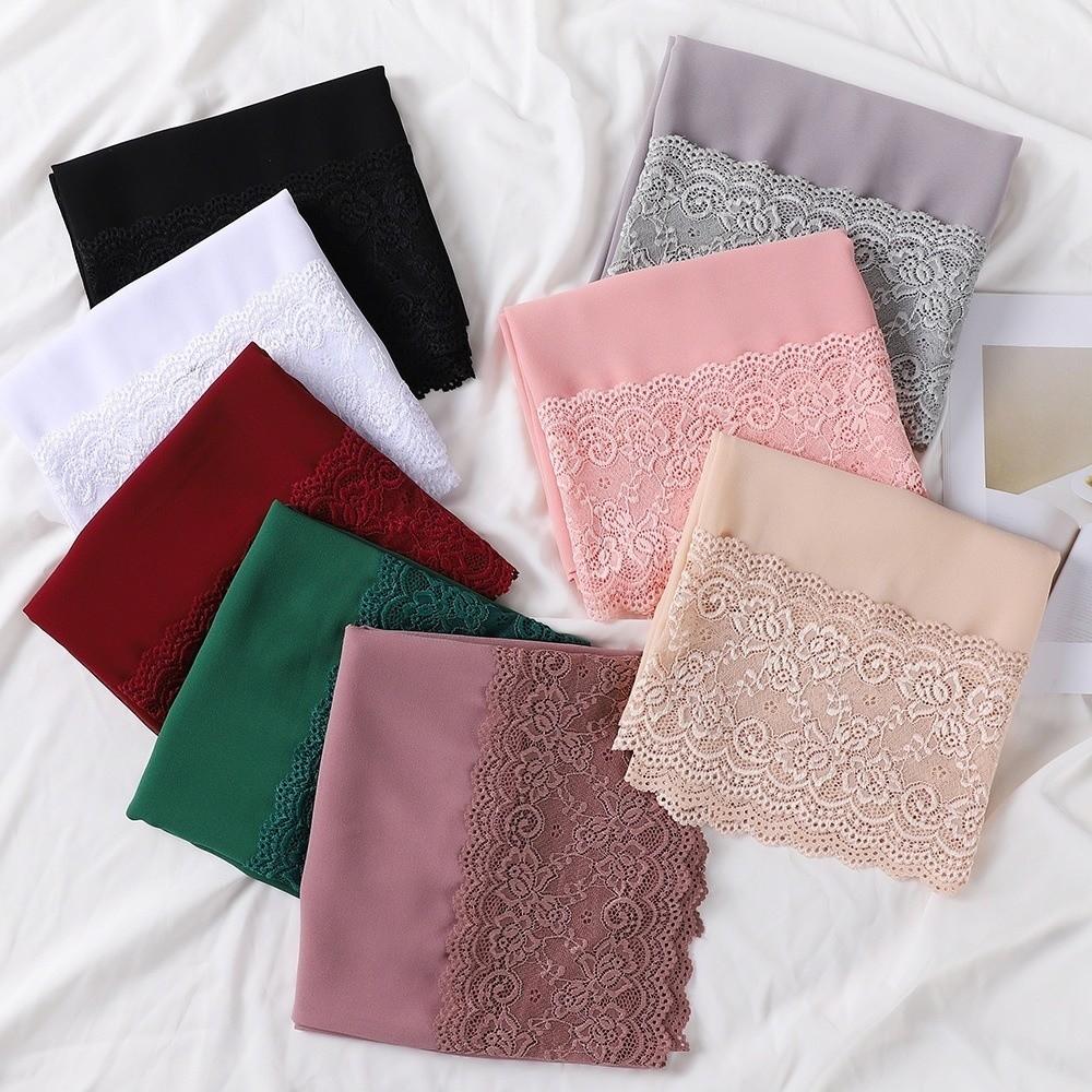 Solid Color Silk Scarf Lace Edge Ramadan Headscarf Versatile Headwraps Women Headwear
