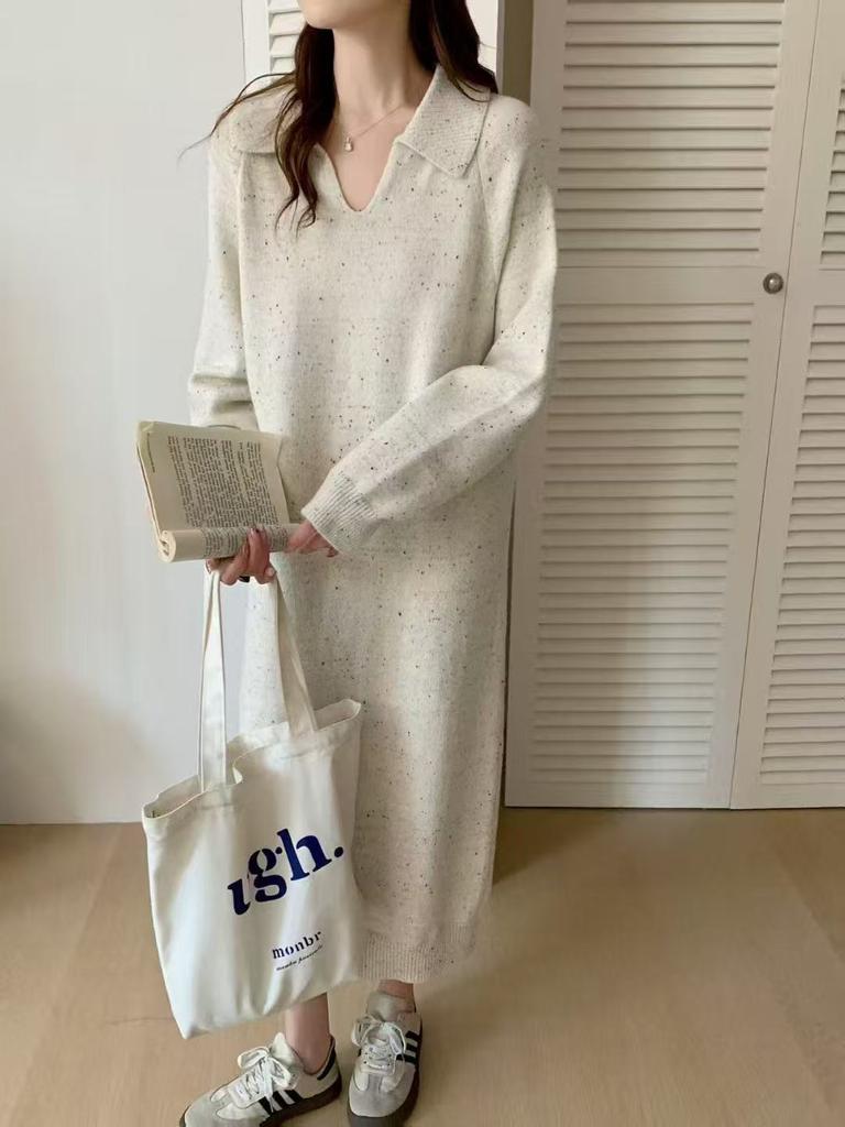 Длинное вязаное платье для женской осени и зимы, новое, свободное и ленивое, с воротником поло, с подкладкой-пальто, платье-свитер для женщин