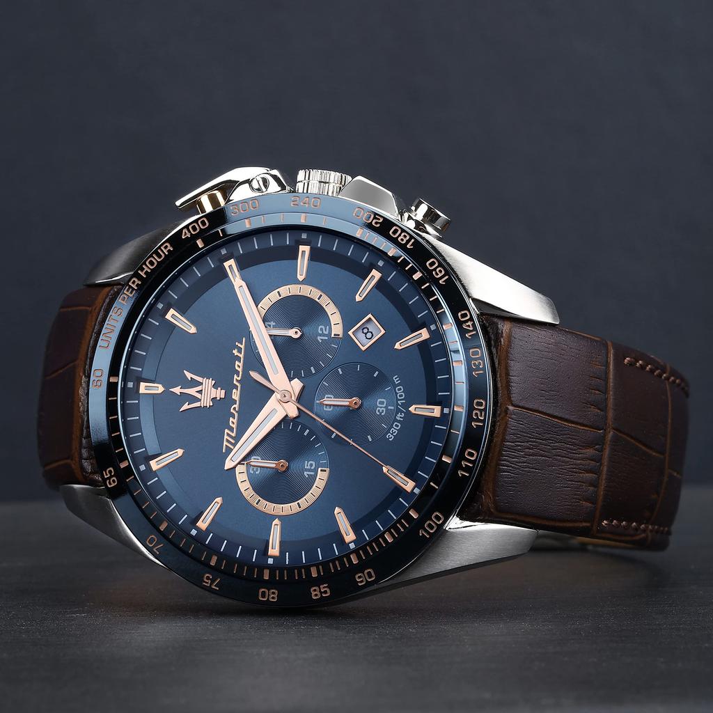 Maserati Traguardo 45mm Brown Leather Chronograph Quartz Watch 10 ATM Water Japanese Movement Year [Online Only] Men's R8871612037, Resistant, [2