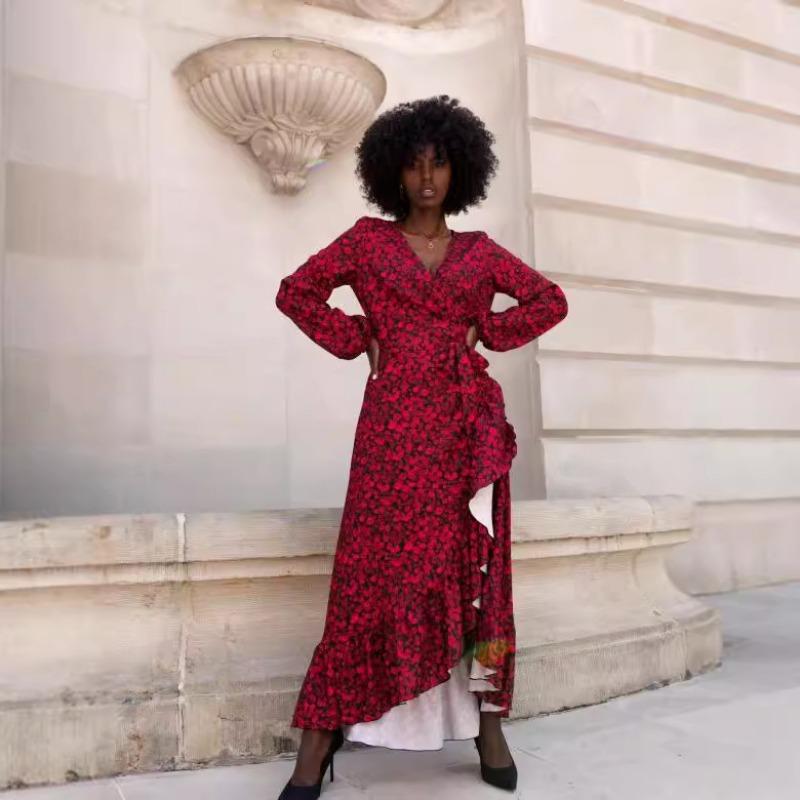 Осеннее женское платье с V-образным вырезом, длинным рукавом, нестандартным принтом