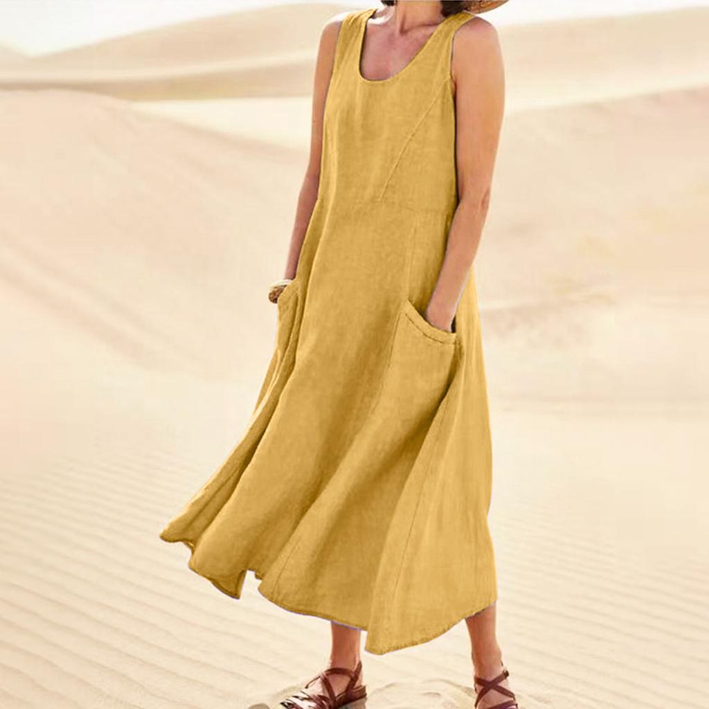 Women's Fashion Casual Solid Colour Sleeveless Cotton Linen Pocket Dress