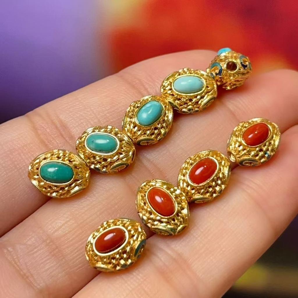 5Pcs, Energy Natural Stone Gemstone Beads with Golden Accents, Boho Handmade Oval Charms for Jewelry Making DIY Necklace Accessories, Craft Gift 9×9mm