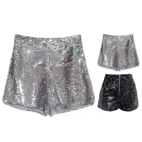 Sexy Women Shiny Sequin Shorts High Waist O-Ring Zipper Bodycon Shorts Party Club Festival Dance Shorts