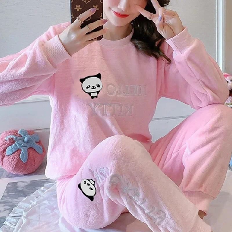 Winter Women Flannel Pajamas Polar Bear Print Teddy Sleepwear Velvet Loungewear Thick Warm Pijamas