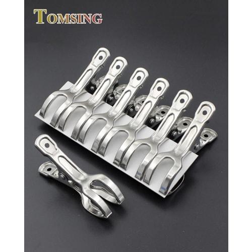 TOMSING Set of 6 Strong Stainless Steel Clothespins, Large Size, Windproof, for Futons, Clothes Drying, Pants, Hangers, and Rust-Resistant (Silver, 6