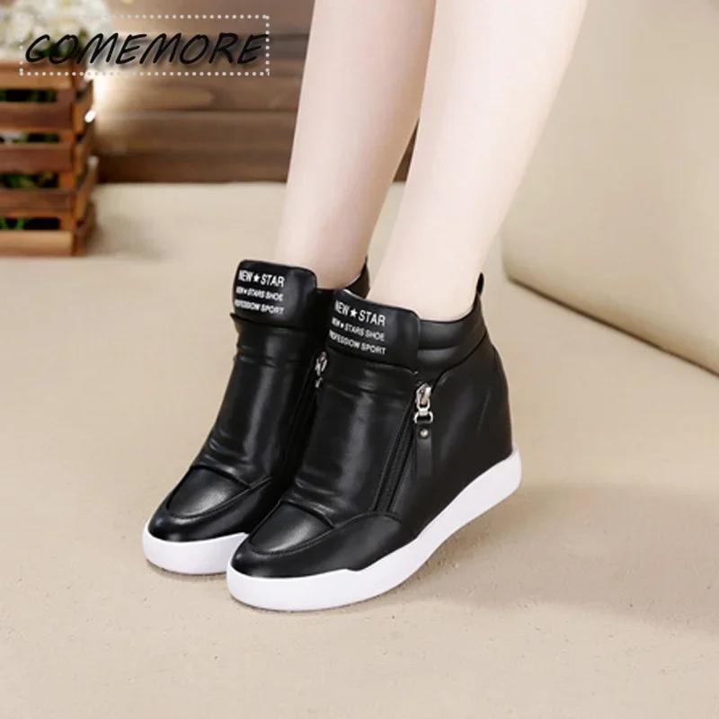 Модные кроссовки на платформе женские осенние классические высокие женские повседневные туфли с боковой молнией из искусственной кожи модные женские туфли с круглым носком