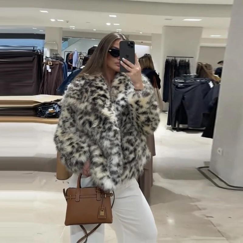 ZA Womens Animal Print Faux Fur Jacket Fall 2025 Regular Fit Office Style Long Sleeve Turn Down Collar Snap Thick