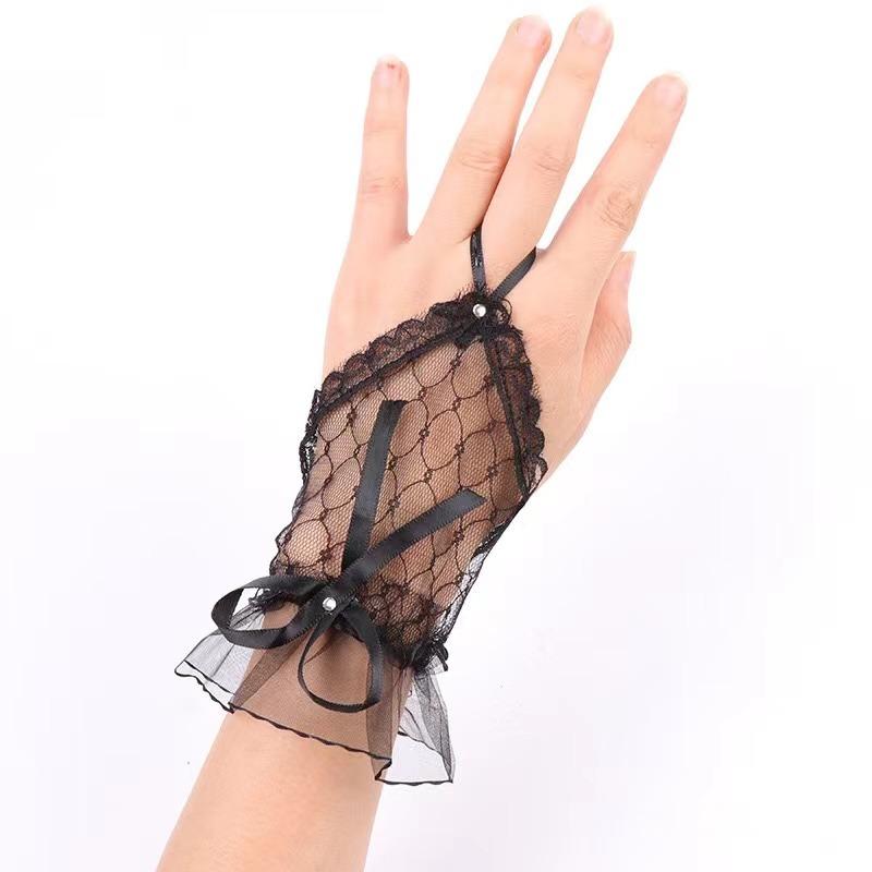 Gothic Short Black Gloves Female Harajuku Lace Bridal Wedding Halloween Lolita Dress Net Gauze Bow Hand Sleeve Fishnet Gloves