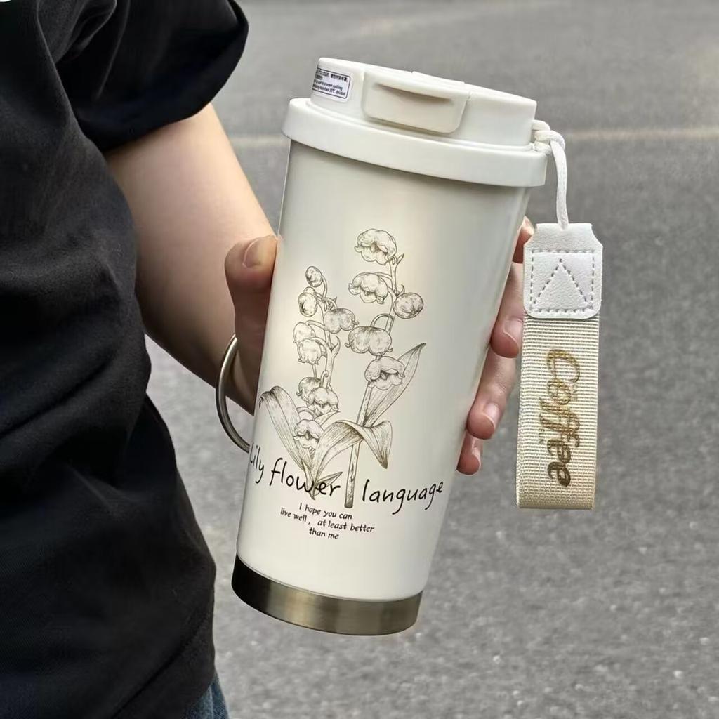 Retro Lily Of The Valley Thermos Cup 316 Stainless Steel Straw Coffee Cup Girls High Value Large Capacity Gift Cup