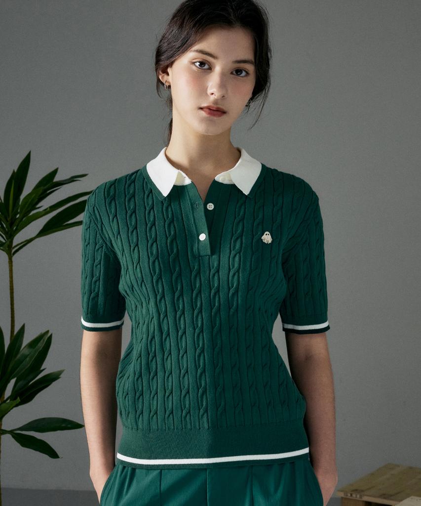 HYPERREET Unisex Color-Blocked Cool Cable Short Sleeve Knit [Deep Green]_Hg2Sw800