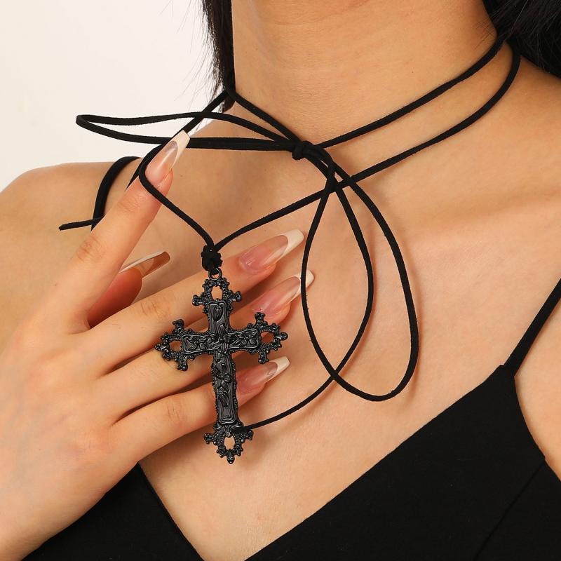 Готический Черный Крест Подвеска Чокер Ожерелье для Женщин Мужчин Панк Винтаж Регулируемая Веревочная Цепь Шарм для Шеи Ювелирные Аксессуары